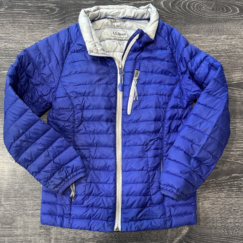 L.L. Bean Kids' Puffer Jacket in Royal Blue with Light Gray Trim